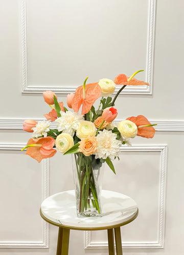 Coral Anthurium Dahlia Arrangement French Country Decor
